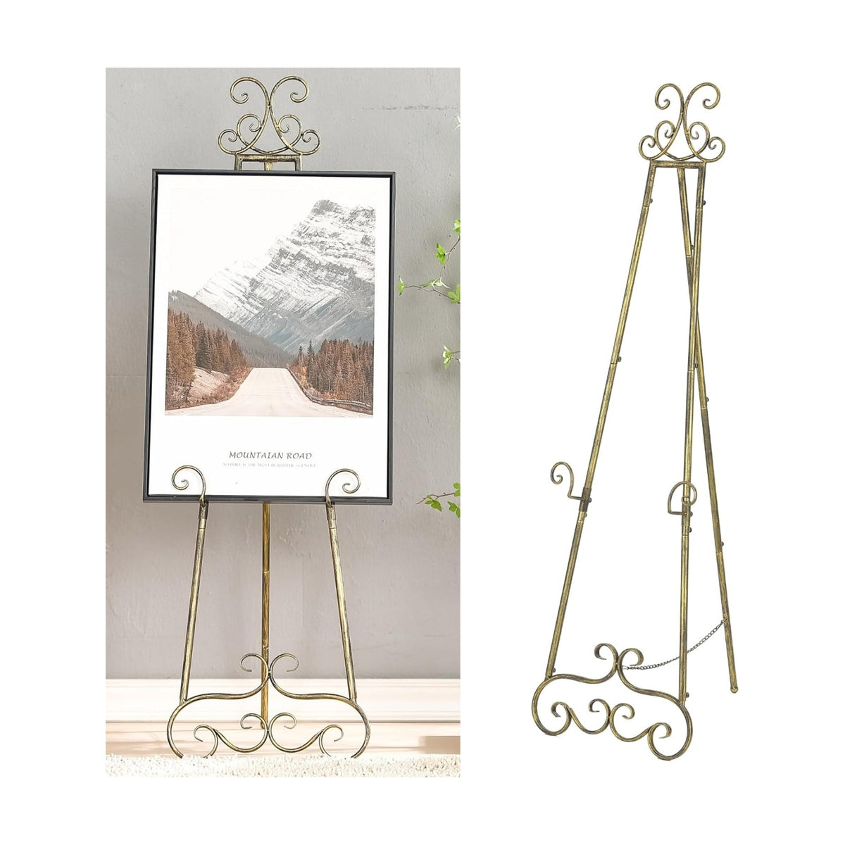 57”H Metal Easel Stand for Sign Vintage Gold Large Adjustable | Free Standing Display Scroll Easel Stand, Heavy Duty