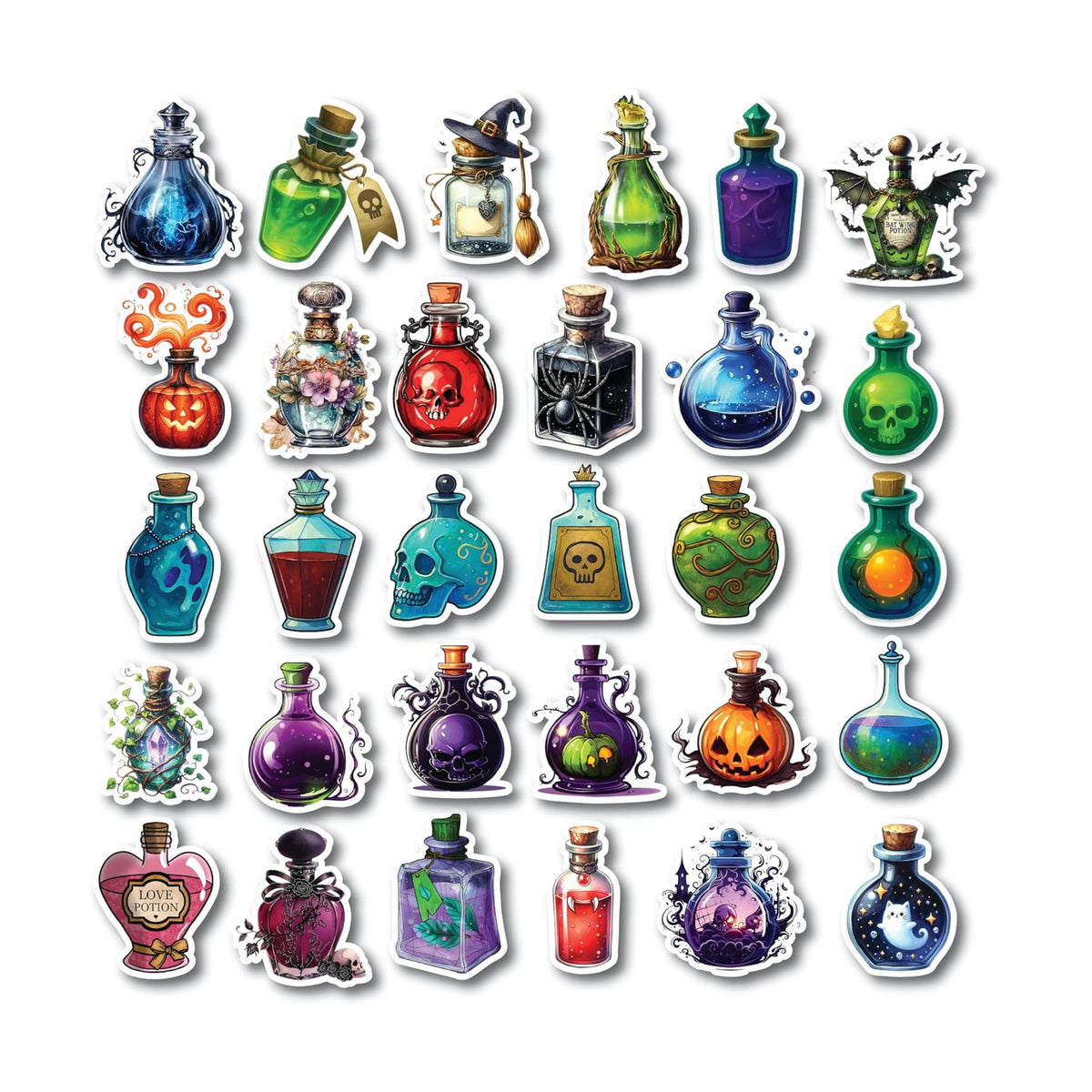 30PCS Halloween Potion Bottle Stickers Pack – Cute Witchy Magic Spell Jar Vinyl Stickers for Water Bottles, Laptops, Scrapbooks, Journals, Kids and Adults