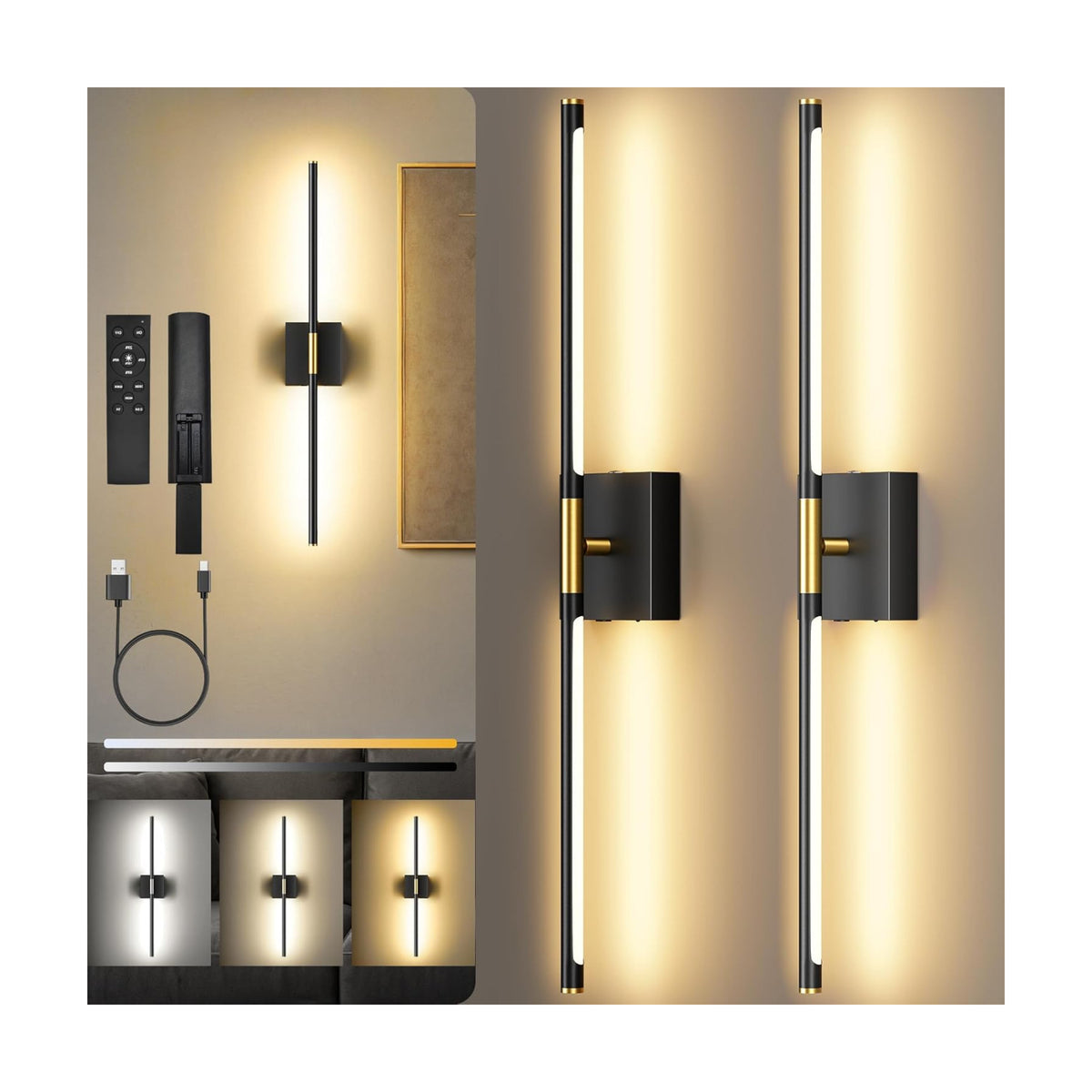 10000mAh Battery Operated Wall Sconces Set of 2, Black Gold-29Inch | 3CCT, Renter Friendly, Rechargeable, Remote, 360°