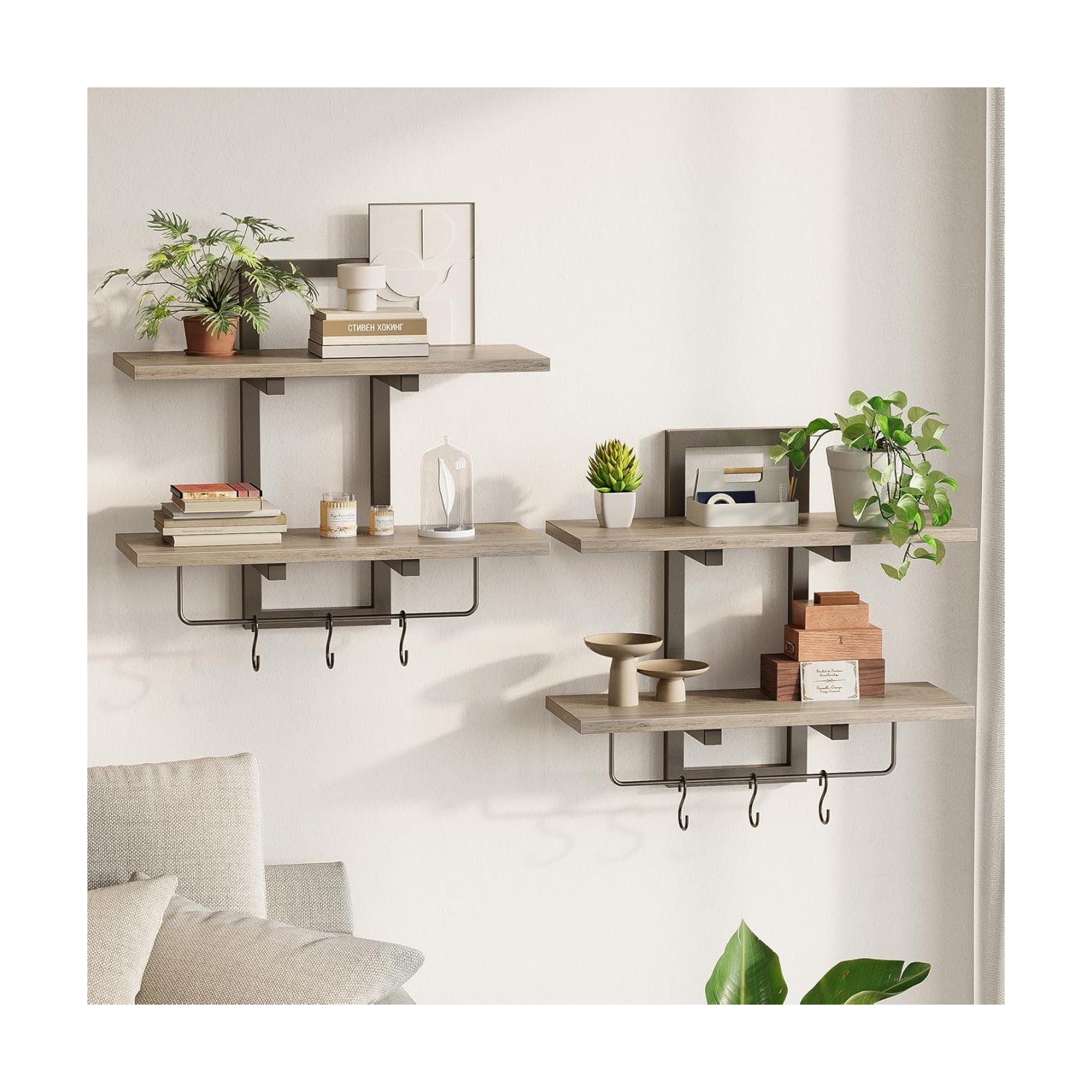 Floating Shelves / Wall Mounted Storage Shelves / Greige + Black / Set of 2