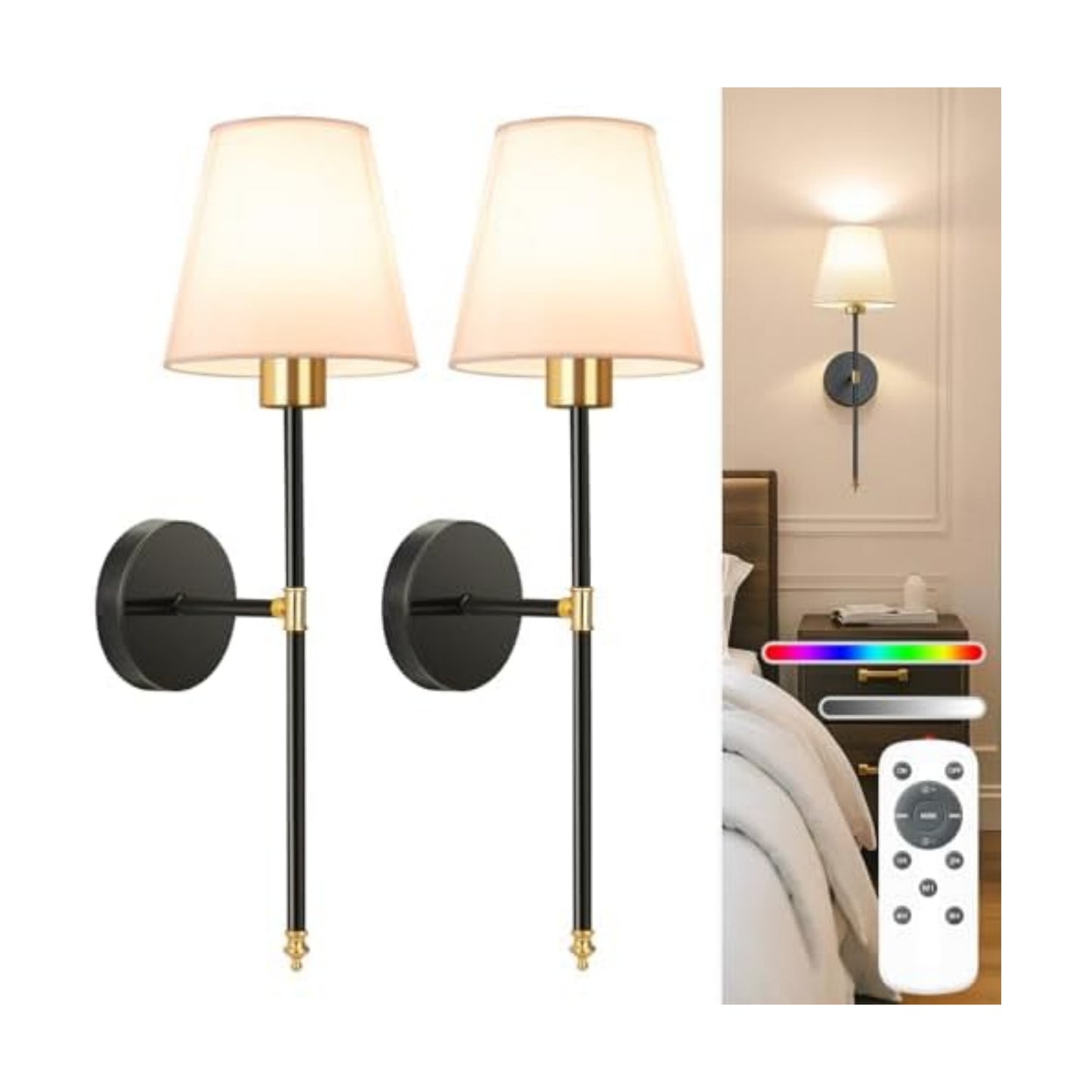 NIORSUN 19.9 inch Battery Operated Wall Sconce Set of 2,Gold-Black Rechargeable Wall Lights with 10400mAh Dimmable