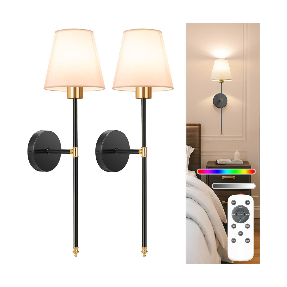 Battery Operated Wall Sconce Set of 2,Gold-Black Rechargeable Wall Lights with 10400mAh Dimmable Bulbs and Remote,9