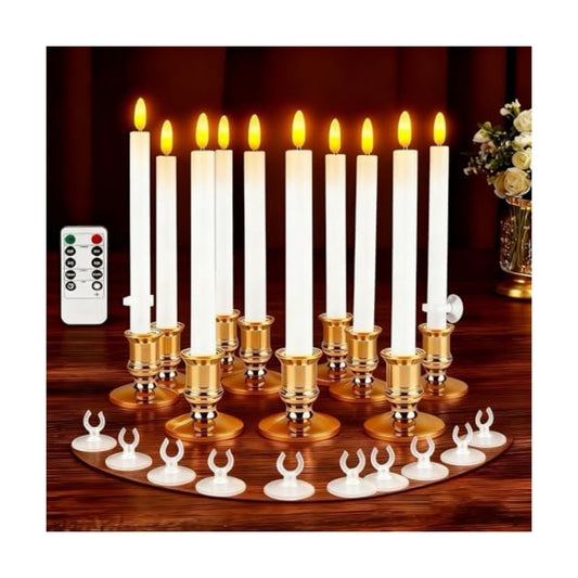 Christmas Window Candles, 10 Pcs Battery Operated Flameless Taper Candles with Remote, Timer, 3D Wick, Holders & Suction Cups for Christmas, Wedding, Halloween Decor