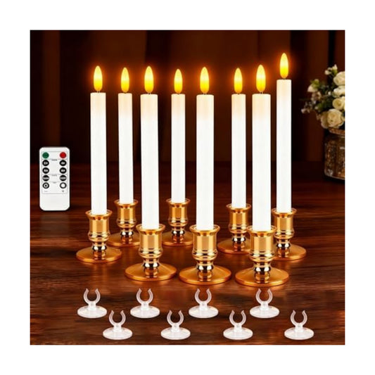 Christmas Window Candles, 8 Pcs Battery Operated Flameless Taper Candles with Remote, Timer, 3D Wick, Holders & Suction Cups for Christmas, Wedding, Halloween Decor