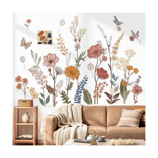 Boho Flower Wall Stickers Wildflower Floral Grass Plants Peel and Stick Wall Art Decals for Baby