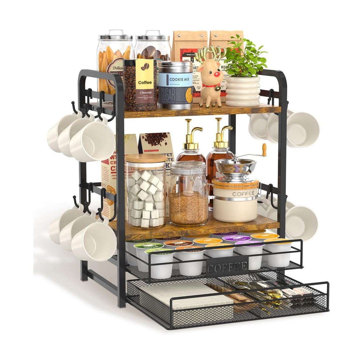 EsLuker.ly Coffee Bar Organizer Station Shelf Mug Holder for Countertop | 4 Tier Mug Holder Stand with 12 Hooks, K Cup