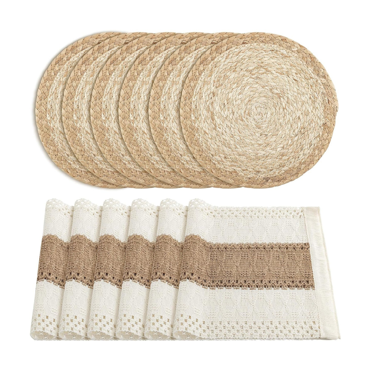 ADRIMER 12 Pcs Placemats, 6 Pcs Natural Cotton Burlap Place Mats and 6 Pcs Rattan Wicker Braided Table Mats, Farmhouse