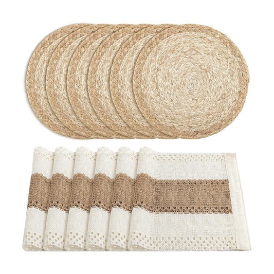 ADRIMER 12 Pcs Placemats, 6 Pcs Natural Cotton Burlap Place Mats and 6 Pcs Rattan Wicker Braided Table Mats, Farmhouse