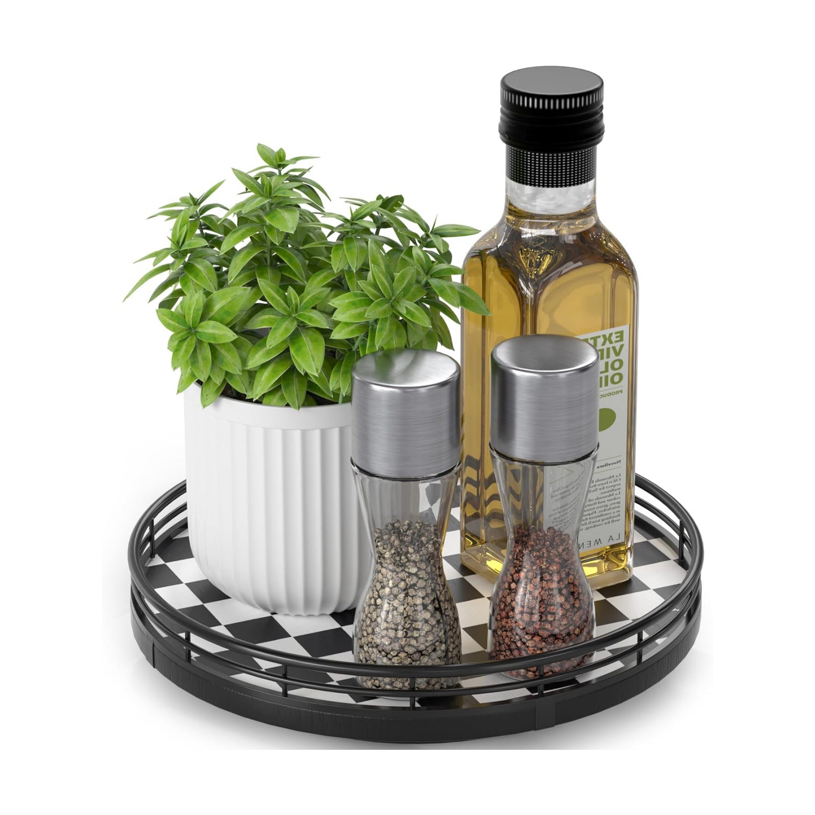 Checkered Round Decorative Tray / Black & White / 9 Inches