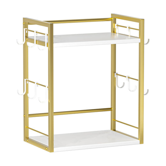 Dorhors Coffee Bar Organizer,Mug Holder,Station Organizer Kitchen Counter | 2 Tier Gold + White Wood Coffee Bar