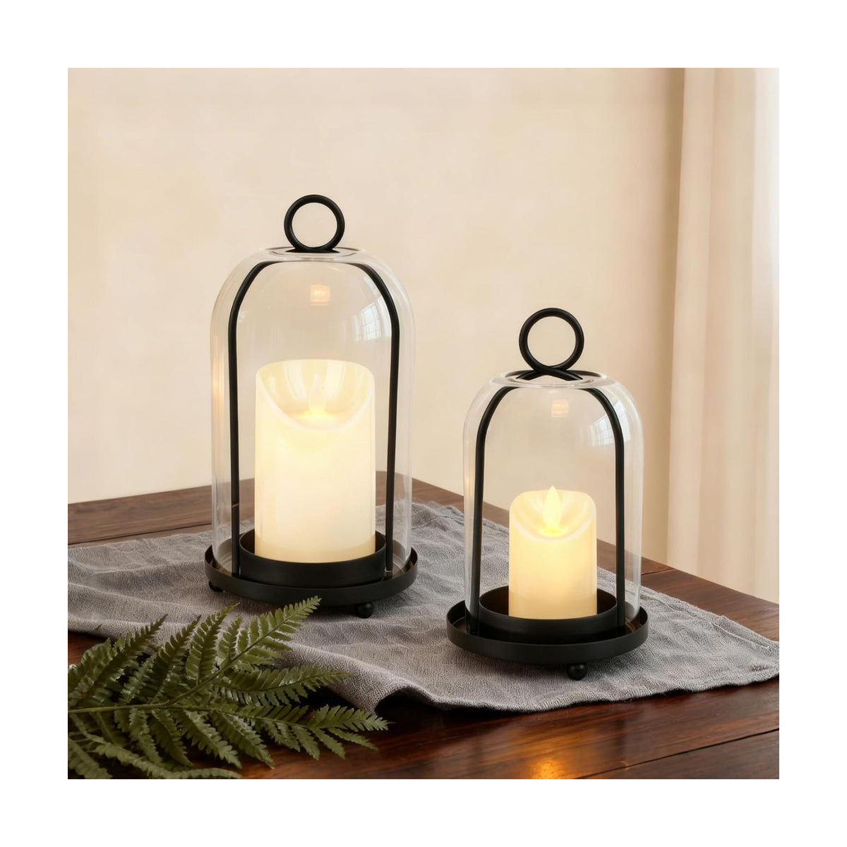 Glass Hurricane Candle Holder Decorative Black Metal Pillar Candle Lantern | Set of 2, Hanging Candlestick Holders