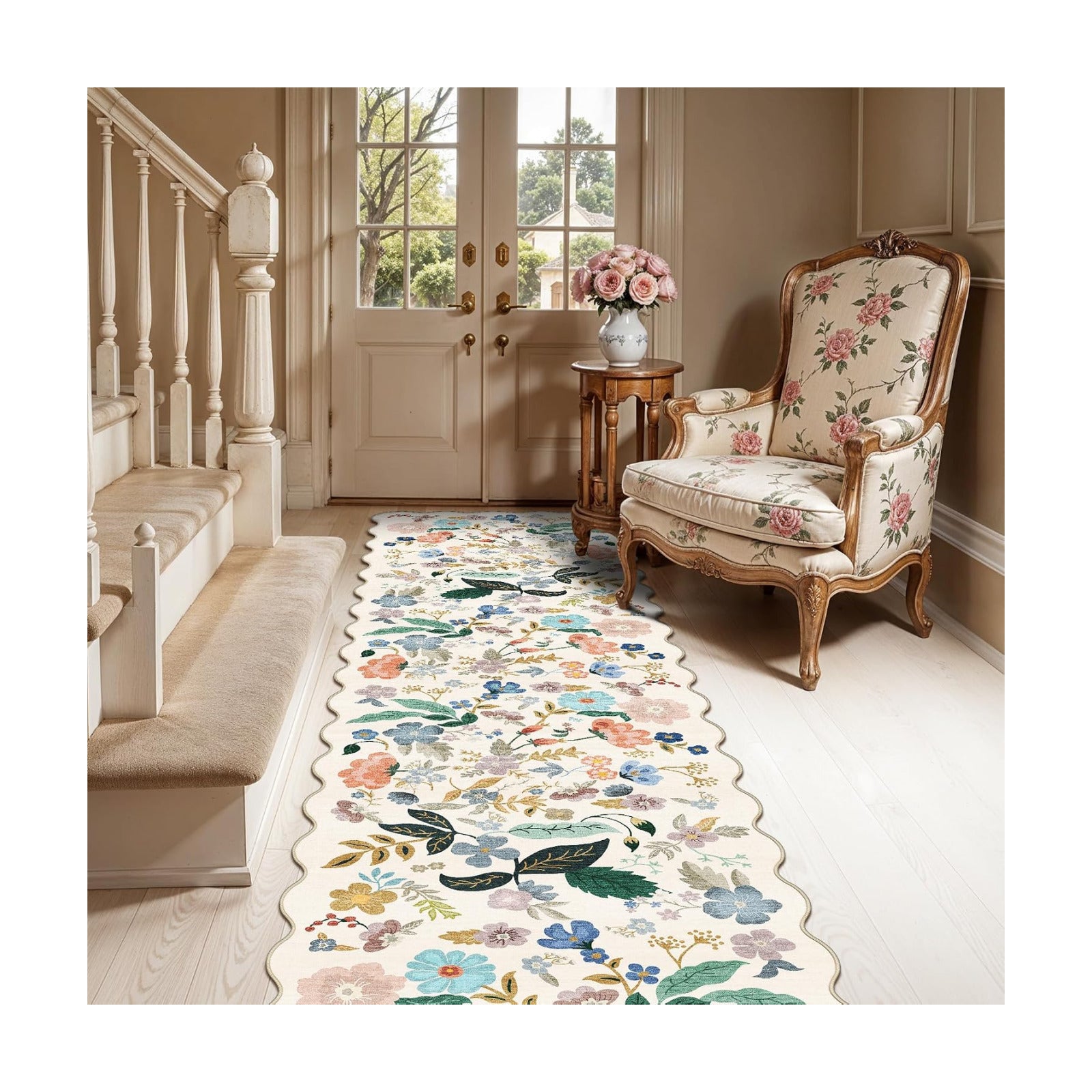 Washable 2x8 Hallway Runner Rug: Vintage Water-Resistant Floral Scalloped Kitchen Entryway Rug Ultra Soft Living Room