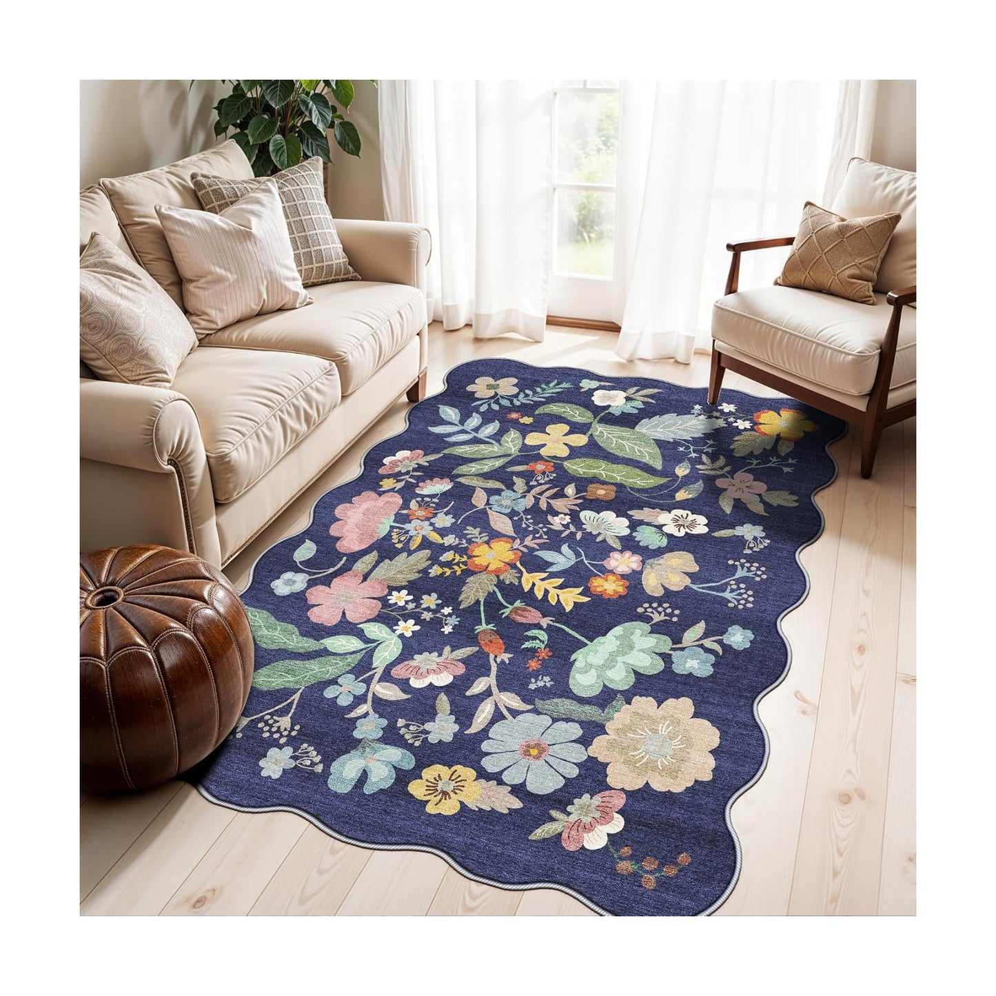 4x6 Living Room Area Rugs: Washable Boho Bedside Rug Non-Slip Floral Small Low Pile Carpet for Kitchen Bedroom