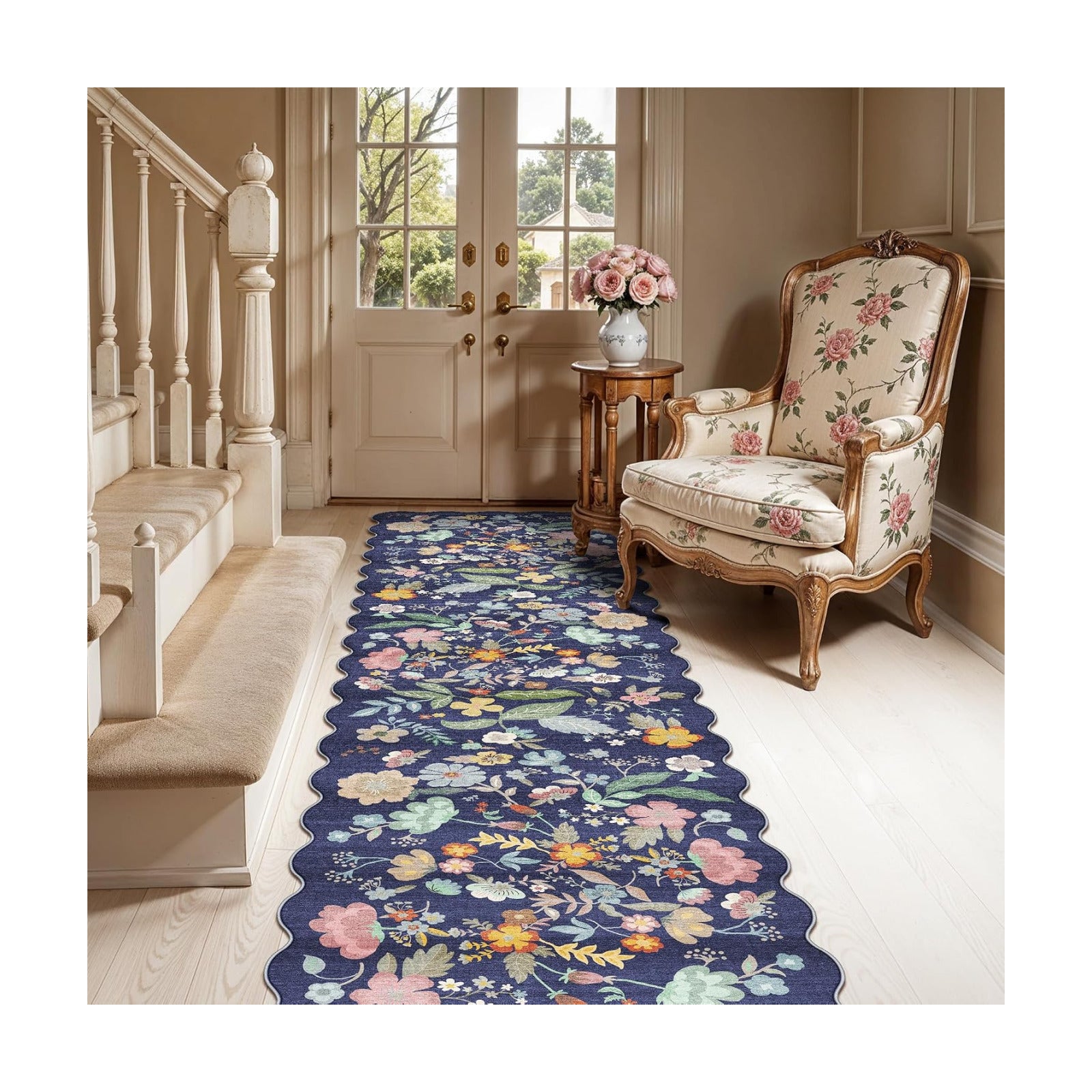 Washable Non-Slip Runner Rug 2x8: Water-Resistant Floral Kitchen Rug Indoor Low Pile Floor Mat for Living Room Bedroom