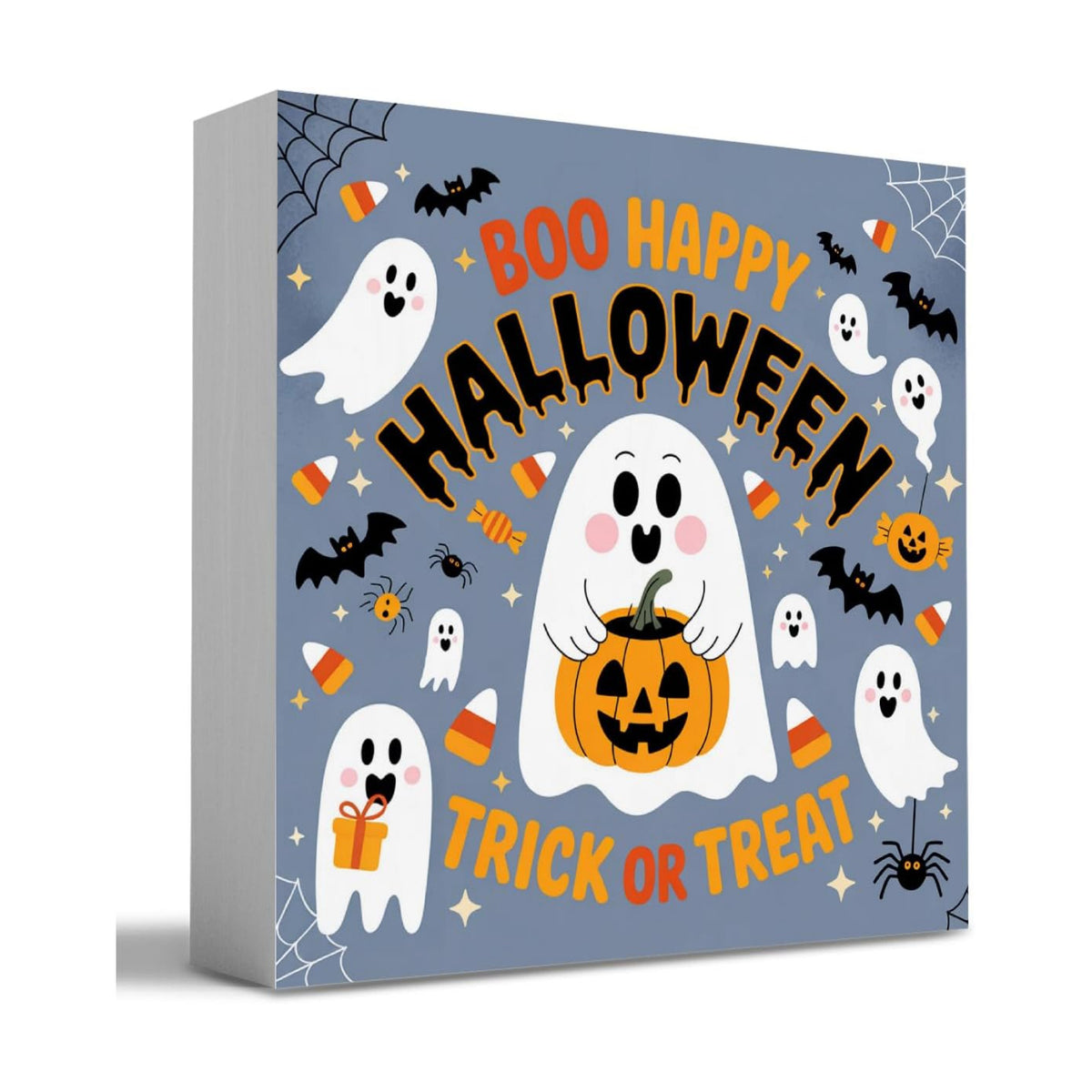 HTBIG Halloween Cute Ghost Boo Happy Hahalloween Trick OR Treat Wooden Box Sign Office Decor Room Decor Suitable family Computer Desk Dressing Table 5 x 5 Inch