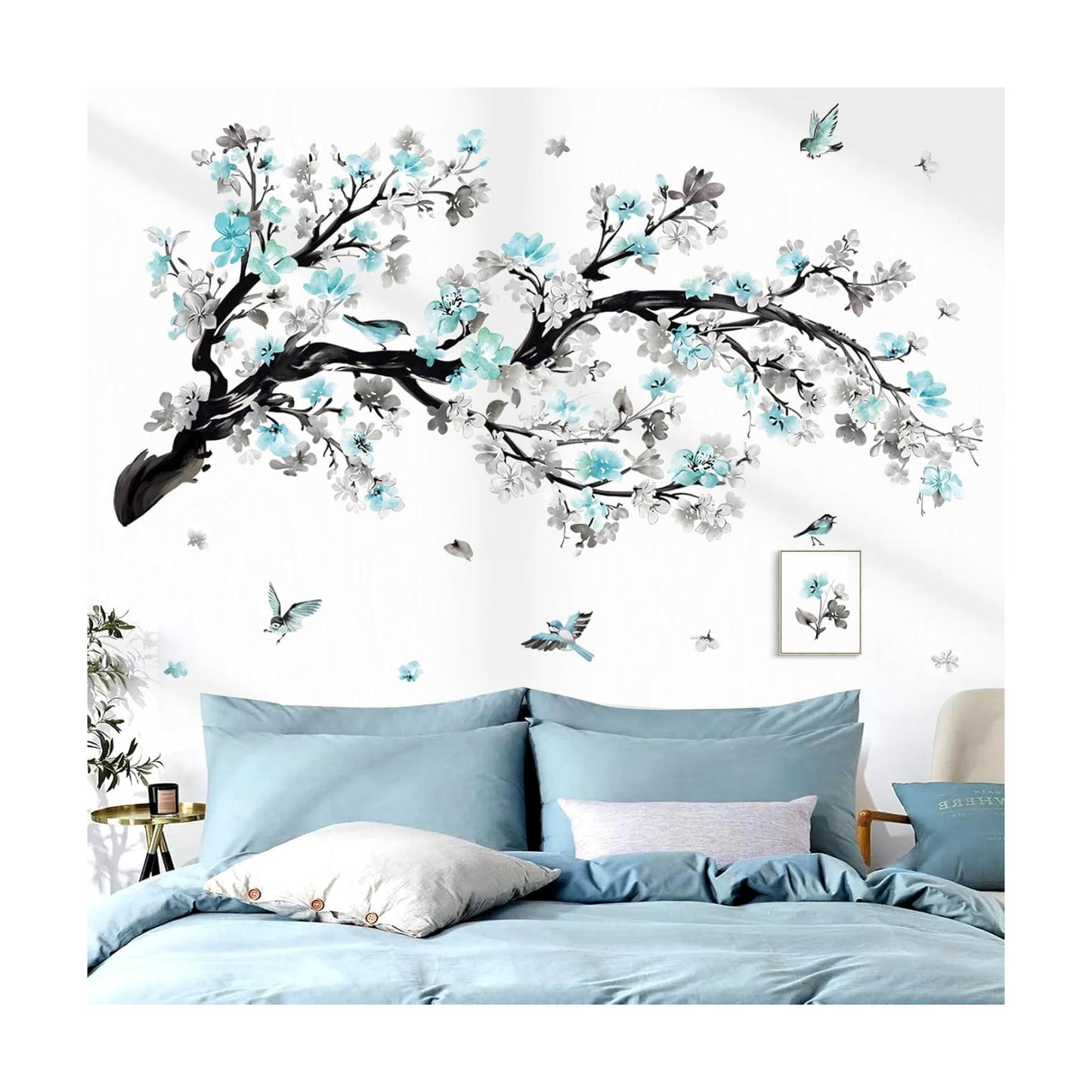 Watercolor Flower Branch Wall Stickers Blossom Tree Floral Birds Peel and Stick Wall Art / Blue