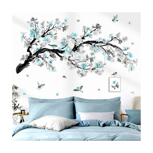 Watercolor Flower Branch Wall Stickers Blossom Tree Floral Birds Peel and Stick Wall Art / Blue