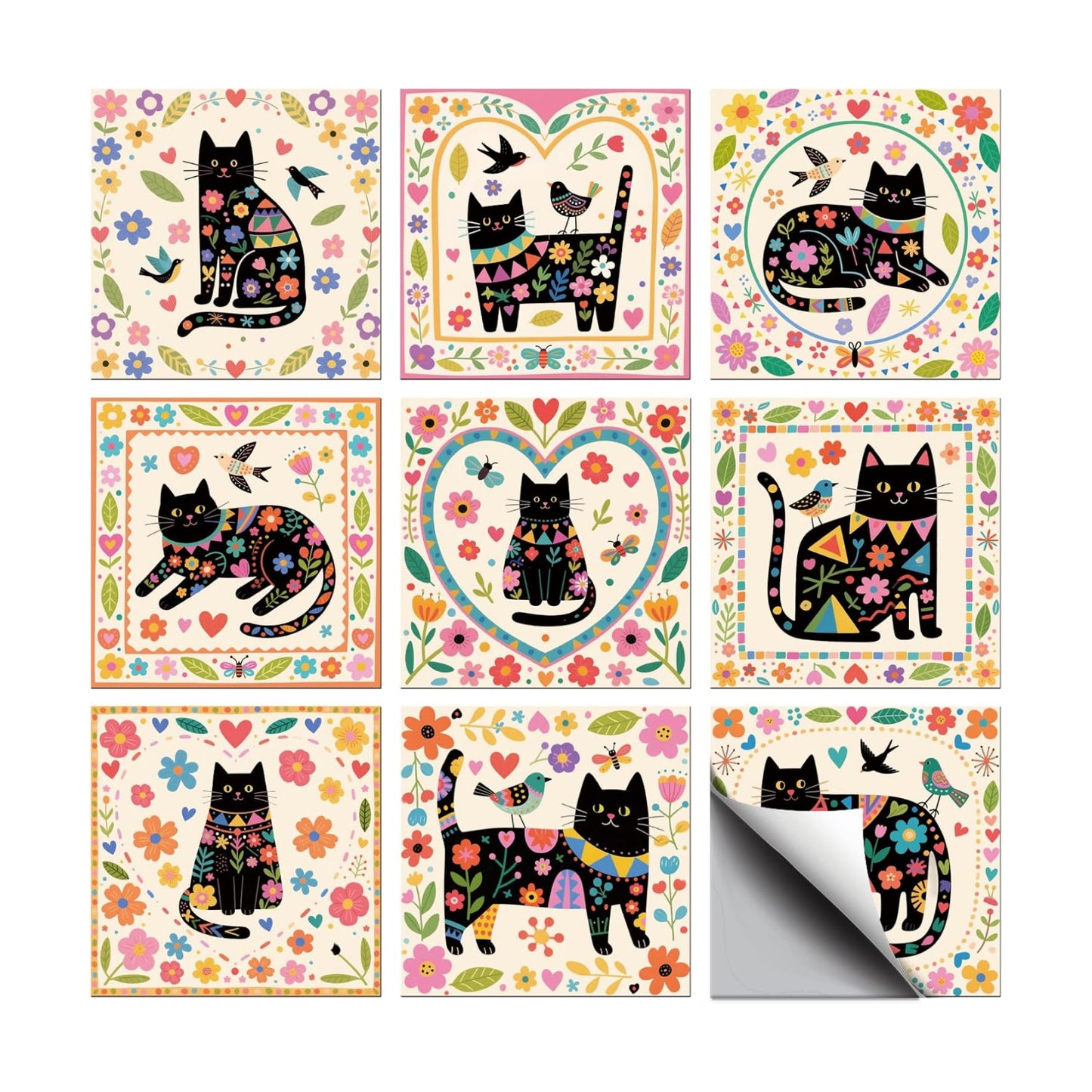 9 Style Tile Stickers Artistic Flowers Peel and Stick Wall Stickers / Black Cats / Set of 36
