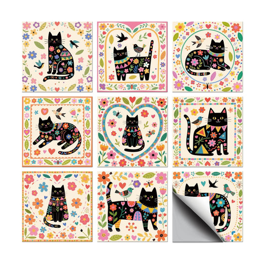 9 Style Tile Stickers Artistic Flowers Peel and Stick Wall Stickers / Black Cats / Set of 36