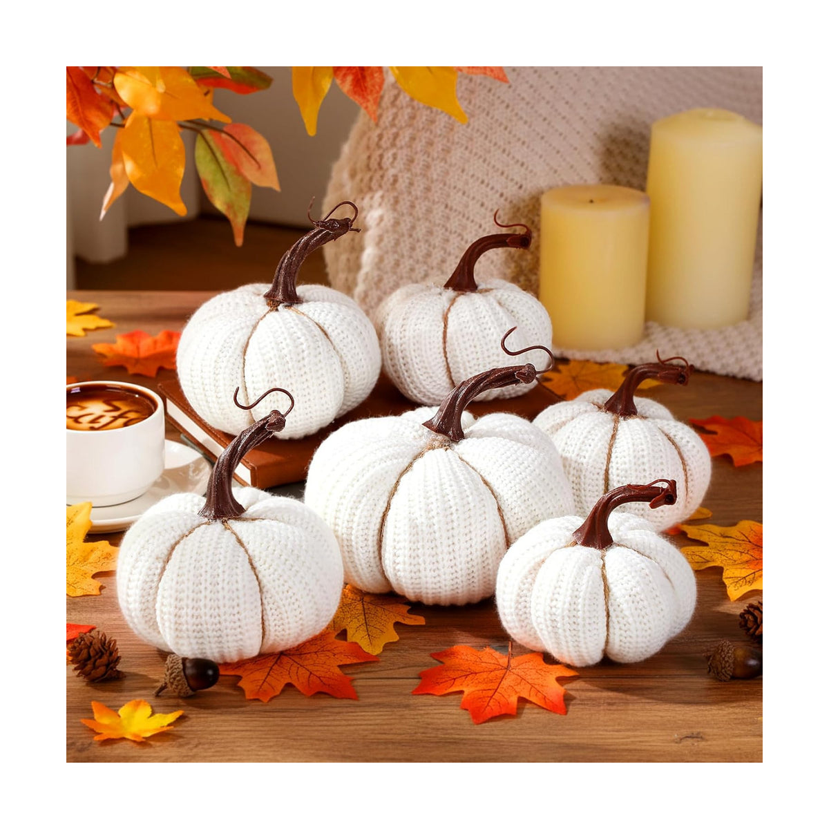 HunnmingRe 6 Pcs Pumpkin Decor Large 6 Inch Crochet Fall White Pumpkins