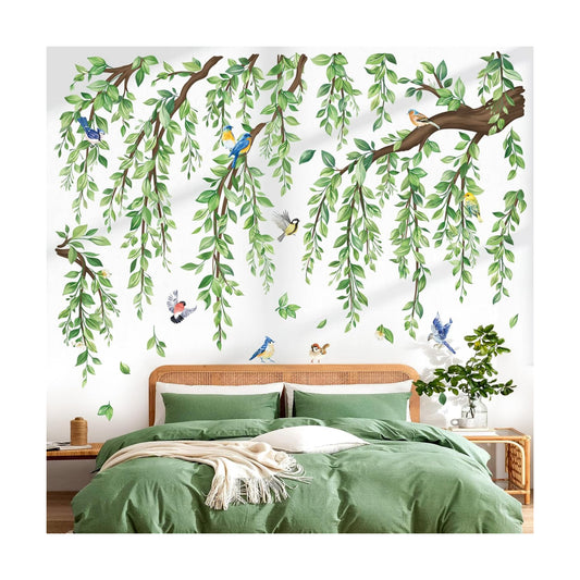 Large Tree Branch Wall Stickers Hanging Vine Leaf Peel and Stick Wall Art Decals / Green