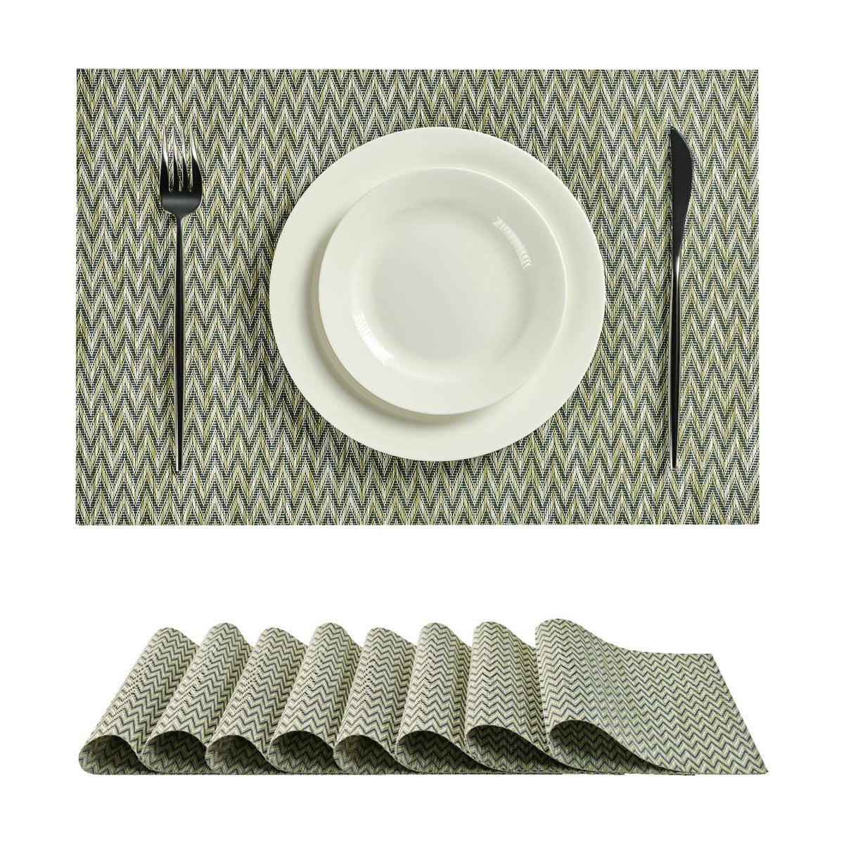 Leetaltree Woven Vinyl Placemats Set of 8,Green Zigzag | High Density，Stain Resistant, Easy to Clean, Washable Table