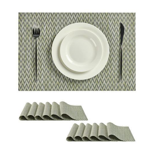 Leetaltree Woven Vinyl Placemats Set of 12,Green Zigzag | High Density，Stain Resistant, Easy to Clean, Washable Table