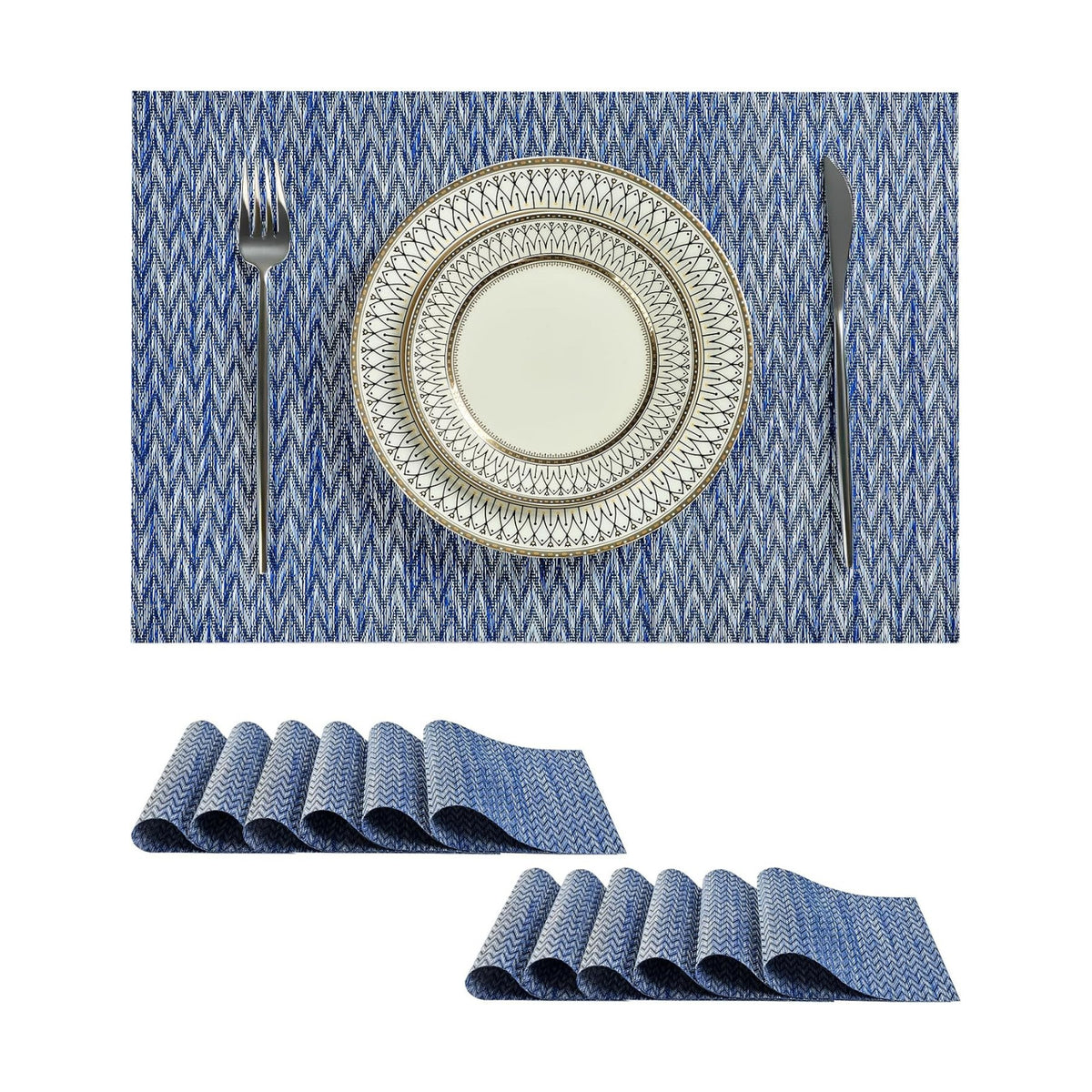 Leetaltree Woven Vinyl Placemats Set of 12,Blue Zigzag | High Density，Stain Resistant, Easy to Clean, Washable Table