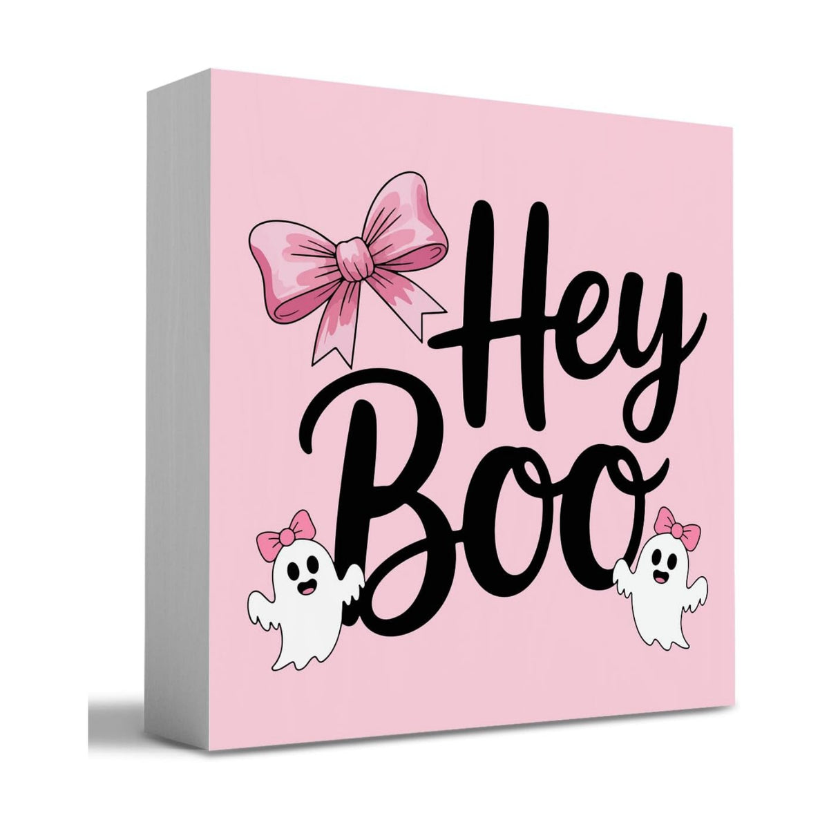 HTBIG Halloween Hey Boo Sign Cute Pink Ghost Desk Decor For Home Rustic Wooden Shelf Decor Season House Girl Room Indoor 5 x 5 Inch