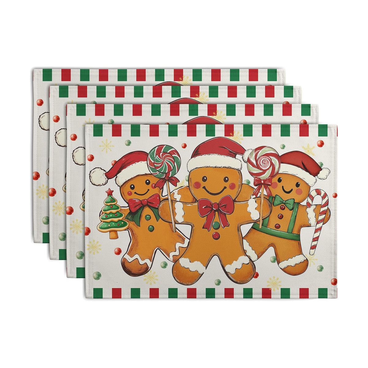 Gingerbread Man Christmas Placemats Set of 4 Candy Cane Xmas Seasonal Holiday Linen Table Mats Red Green Orange Winter Washable Place Mats for Party Kitchen Dining Outdoor Indoor Decor