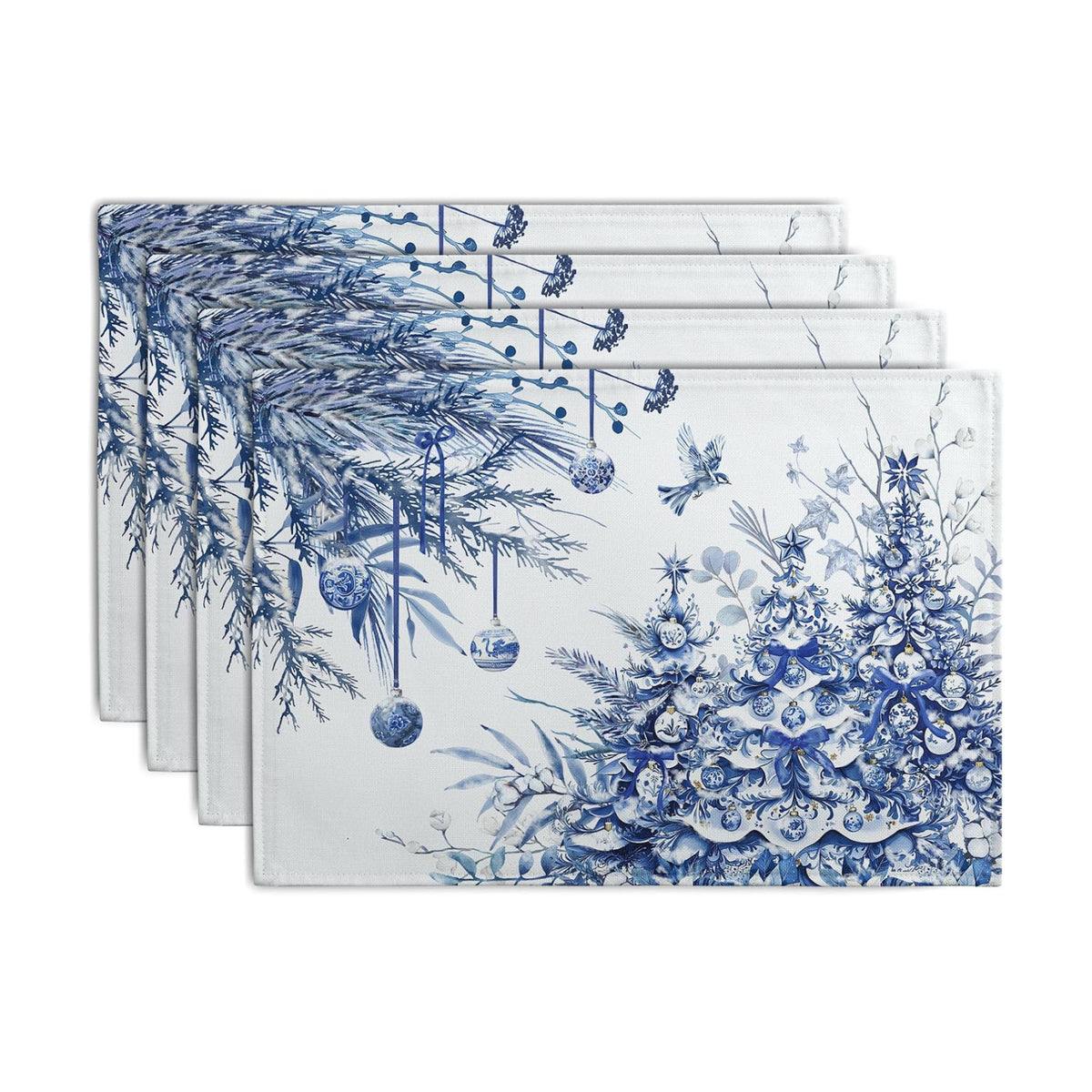 Blue and White Christmas Tree Placemats Set of 4, 12x18 Inch Chinoiserie Xmas Place Mats Winter Holiday Washable Linen Table Mats for Party Kitchen Dining Outdoor Indoor Decor