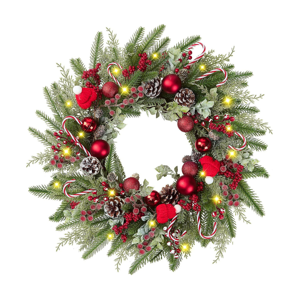 22’’ Artificial Christmas Wreath for Front Door with Red Balls Candy Canes Pine Needles Red Berries Pine Cones Christmas Decorations for Winter Wall Outdoor Home Holiday Xmas Decor