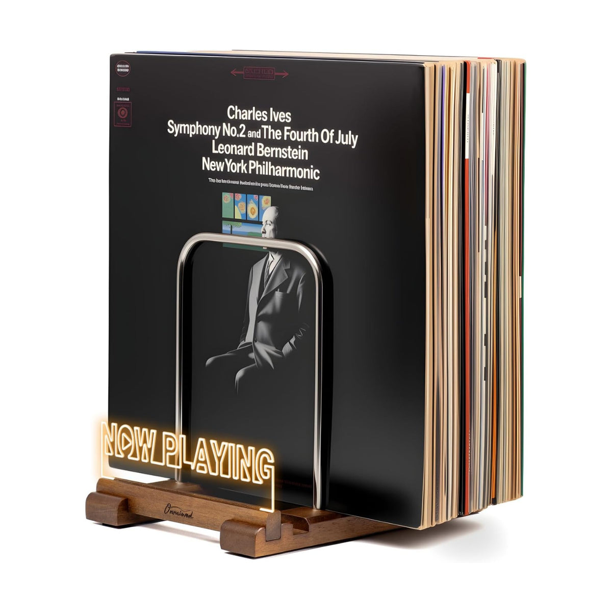 Onmiwod Vinyl Record Holder for 35 LPs, Light Up Now Playing Vinyl Record Stand, Wooden Album Storage Organizer, Album