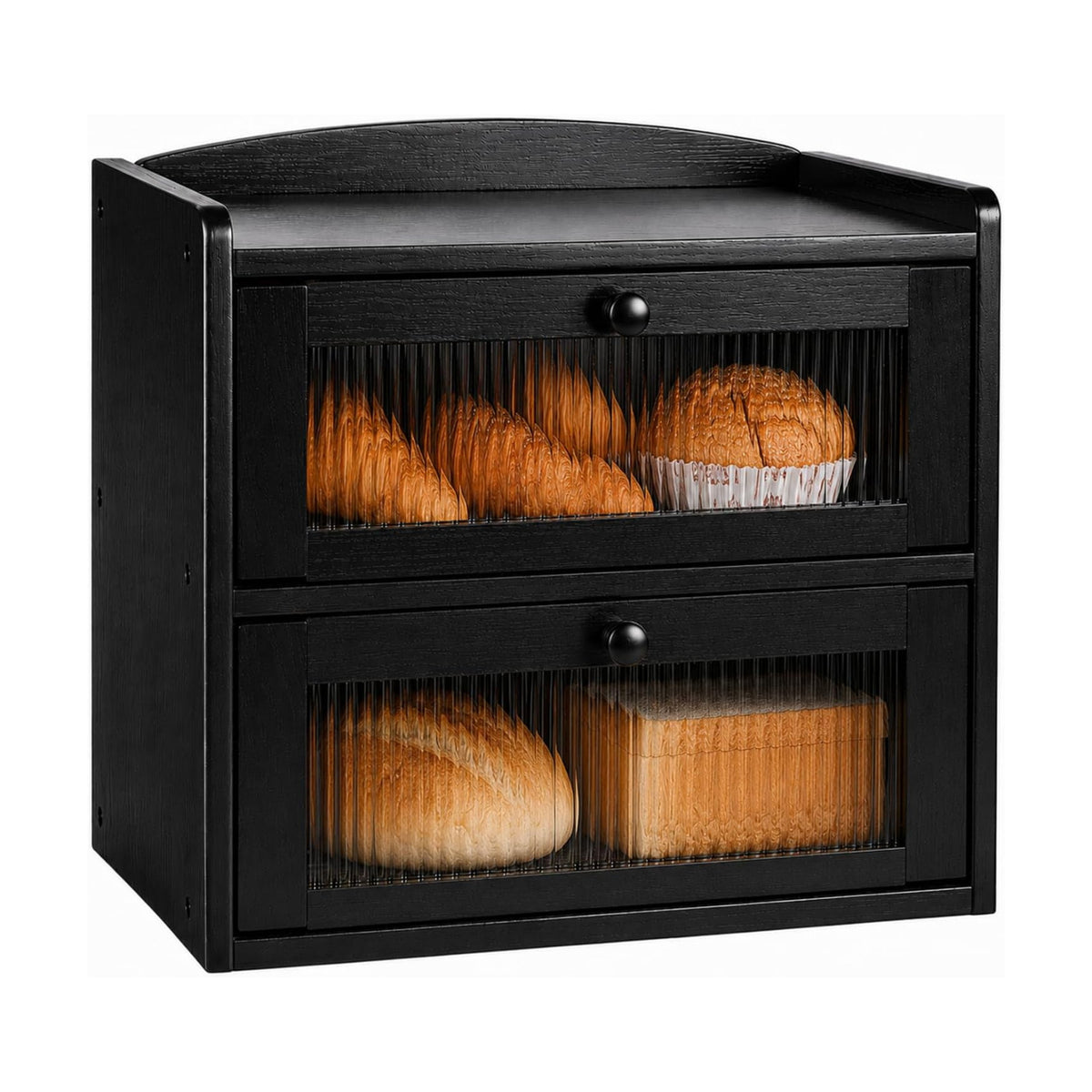 Large Wooden Bread Box for Kitchen Countertop, 2-Tier, Black | Clear Acrylic Window Spacious Bread Storage Farmhouse