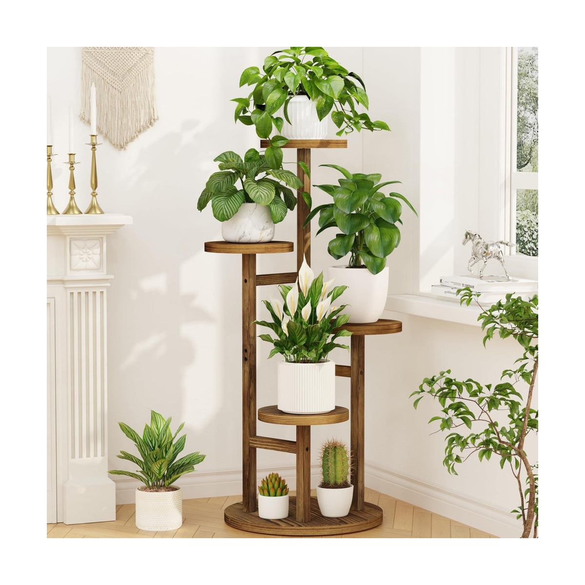 LASZOLA Wood Small Plant Stand Table Tall for Indoor Corner, 4 Tier Brown | Flower Pot Holder Rack for Multiple Plants