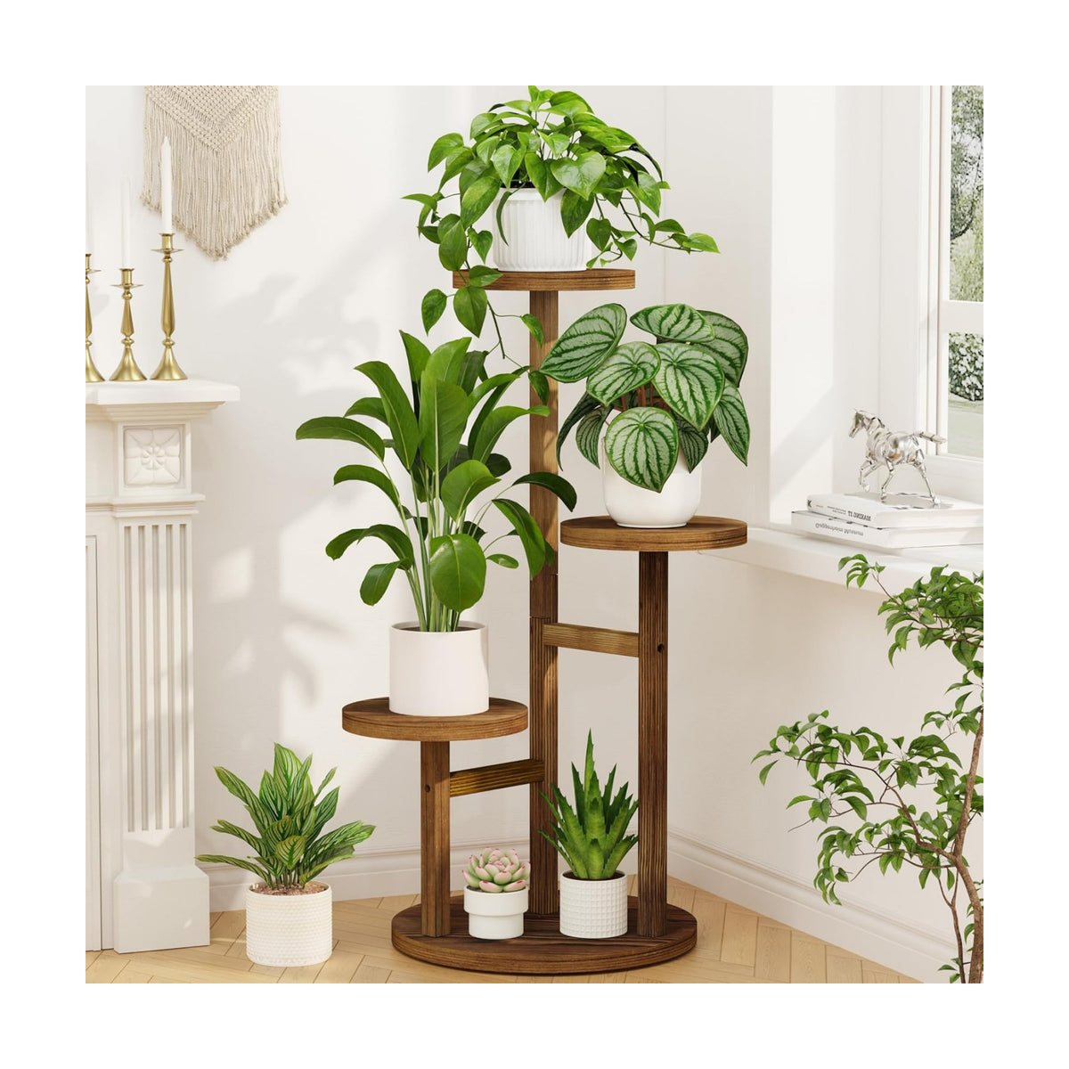 LASZOLA Wood Small Plant Stand Table Tall for Indoor Corner, 3 Tier Brown | Flower Pot Holder Rack for Multiple Plants