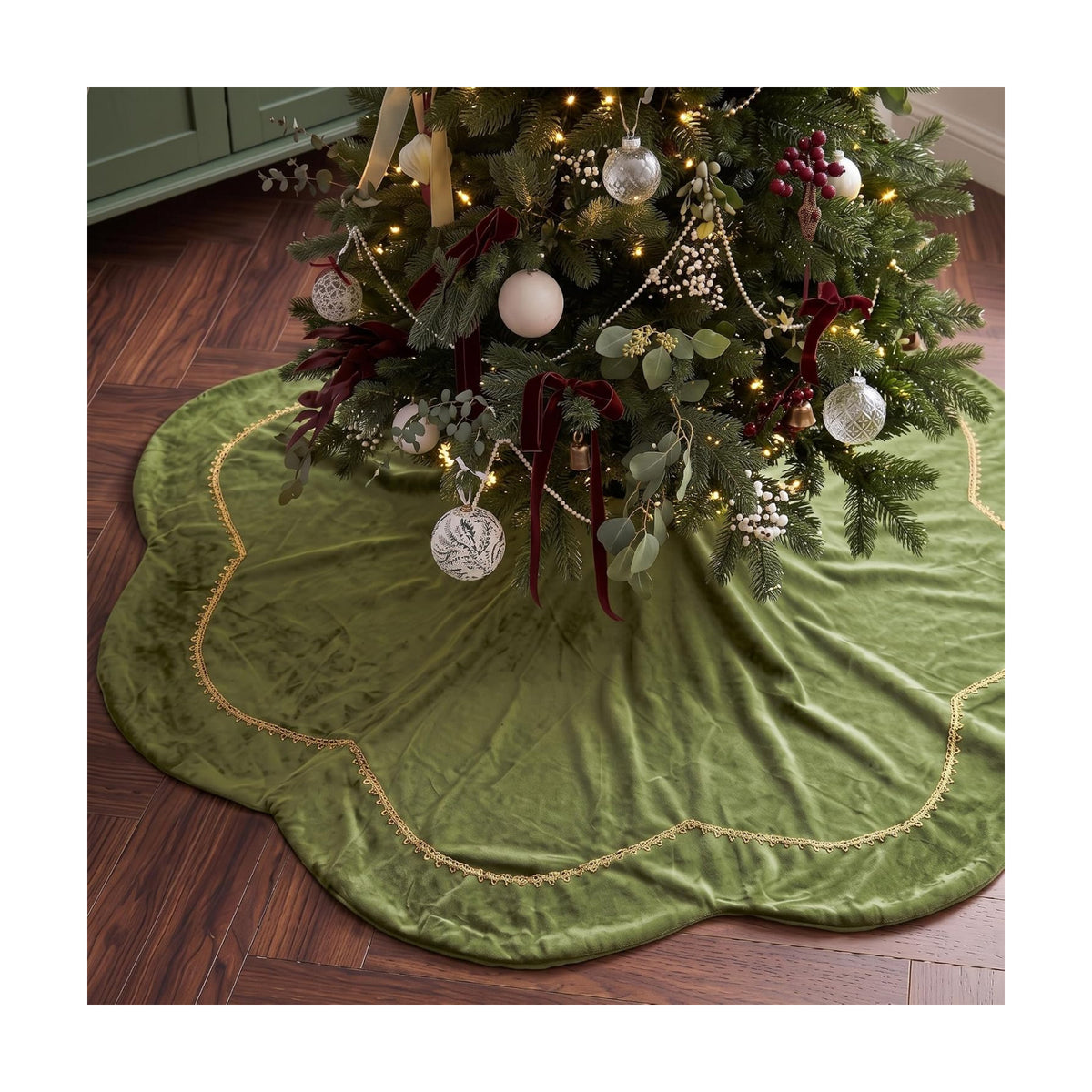 Arrowbash Olive Green 48 Inch Christmas Tree Skirt Velvet Scallop Ddge