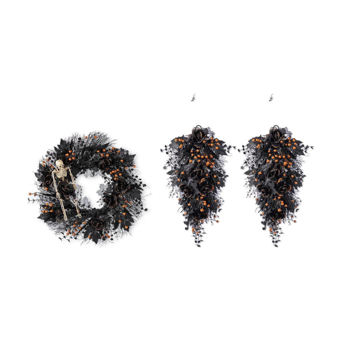 Glitzhome Halloween Wreath and Teardrop Swag Set, 3 Piece Black Rose Collection with a Spooky Lighted Bat Wreath and Swag, Elegant Gothic Floral Decor for Door, Mantle or Wall
