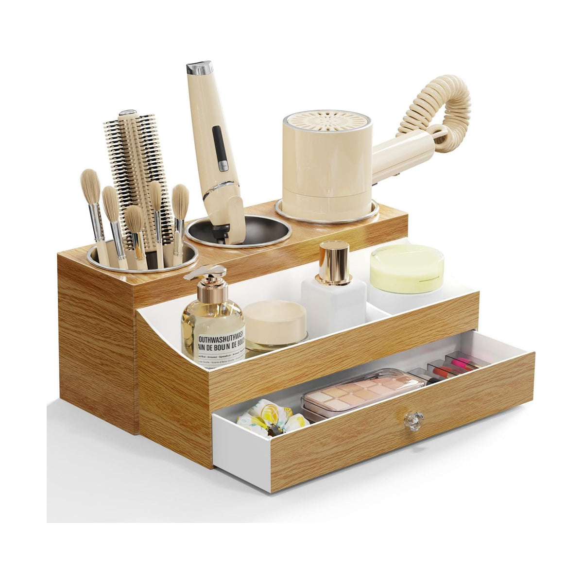GFWARE Hot Hair Styling Tool Organizer with Drawer & 3 Cooling Cups, Wood | Hair Accessories Bathroom Vanity Storage