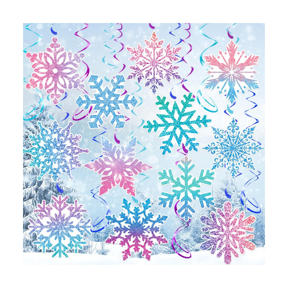30Pcs Winter Snowflake Hanging Swirl, Frozen Snowflake Ceiling Streamers Hanging Decorations for Christmas Winter Wonderland Frozen Party Supplies