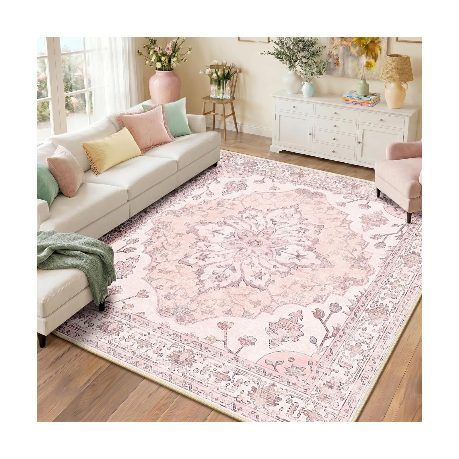 RELEANY Washable Area Rug, Square 8'x8', Pink