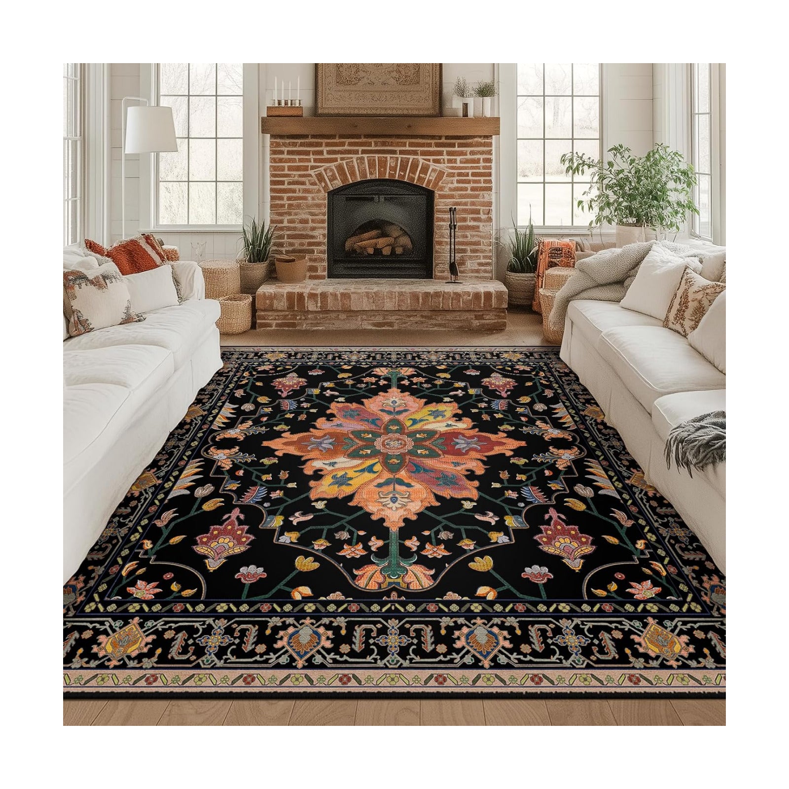 RELEANY Washable Area Rug, Square 8'x8', Black/Colorful