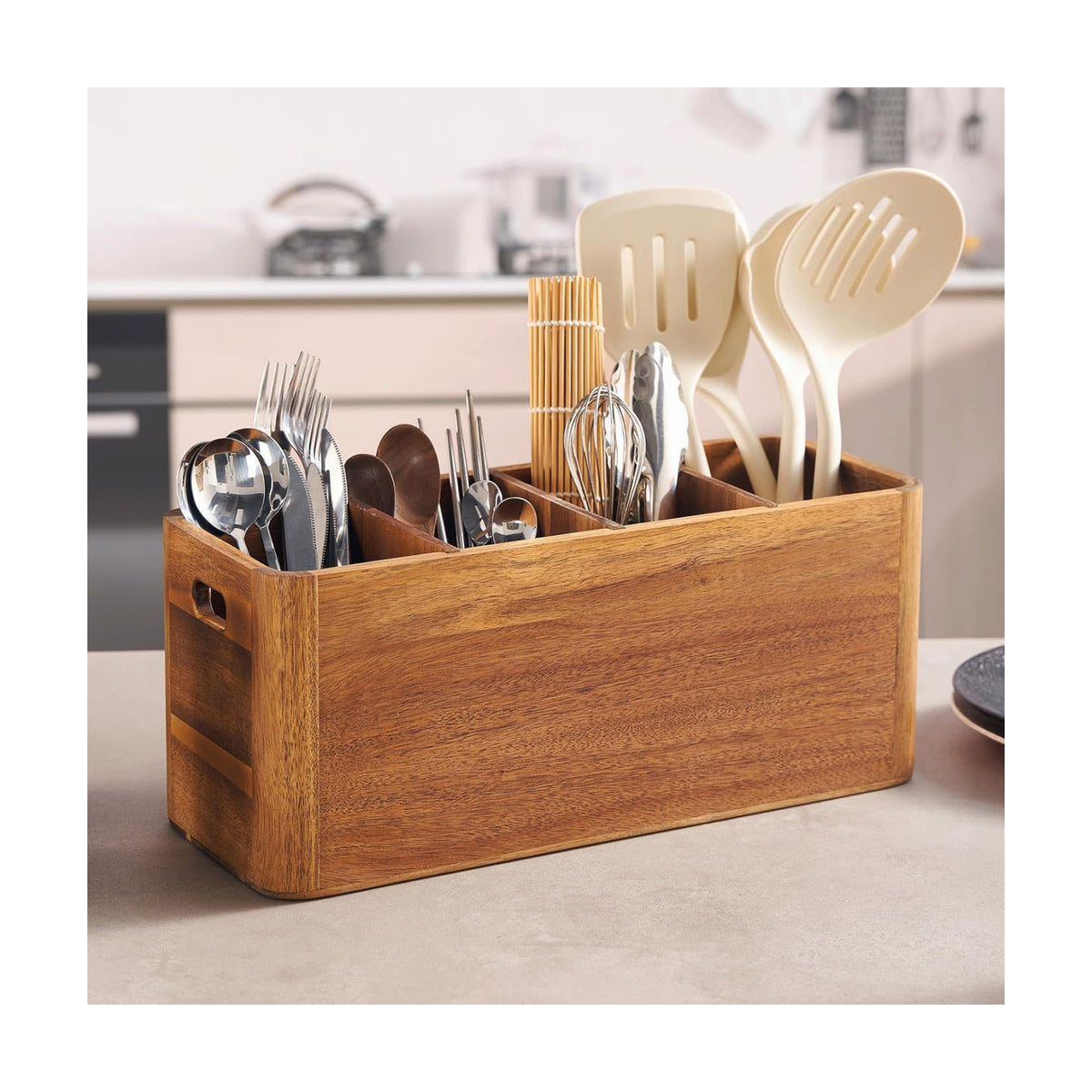 16" Wooden Kitchen Utensil Holder, Extra Large Acacia Wood Organizer for Cooking Tools, Utensils & Cutlery Storage –