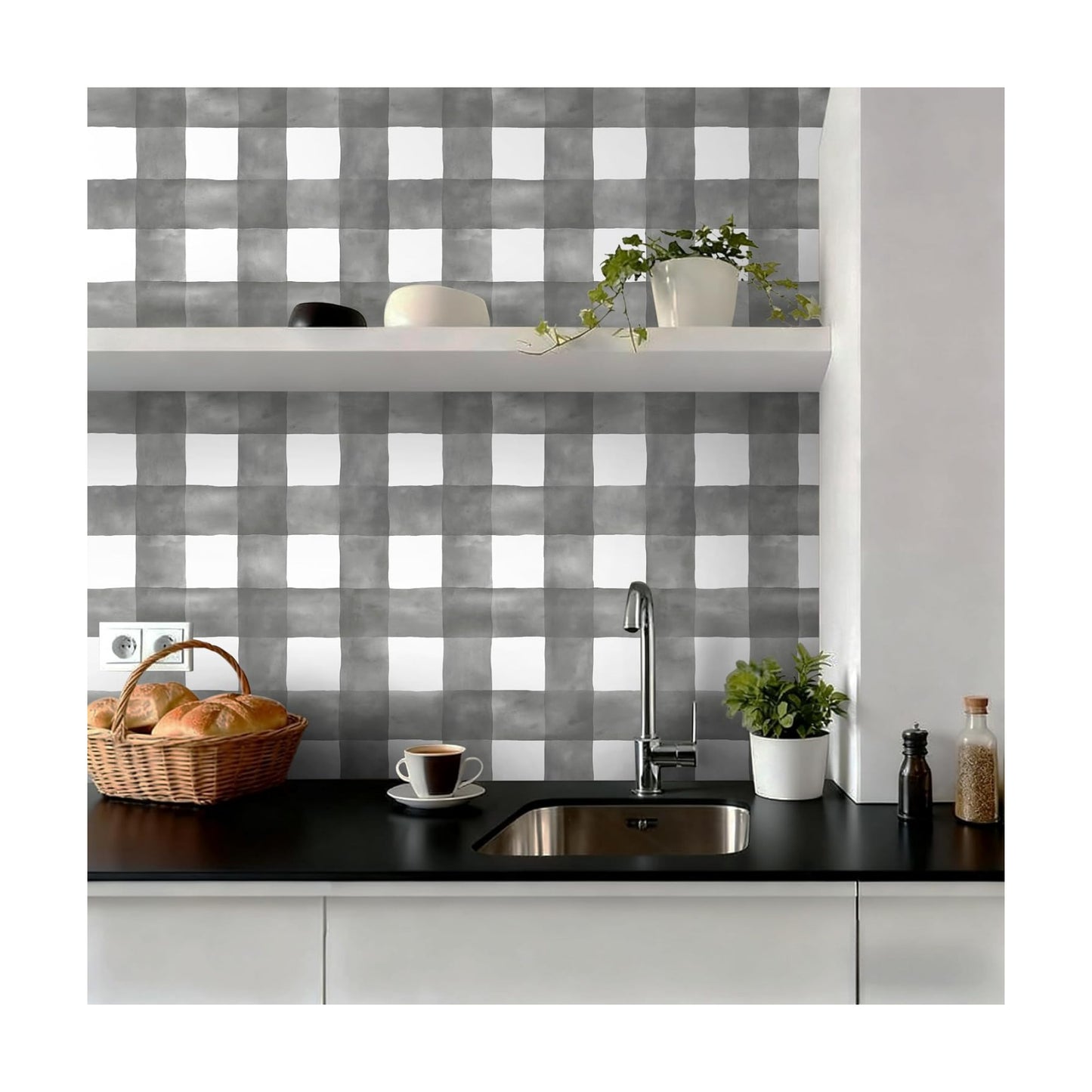 Grey Wallpaper Peel and Stick Plaid Modern Wall Paper Checkered / 17.3 x 78.7 / Grey and White