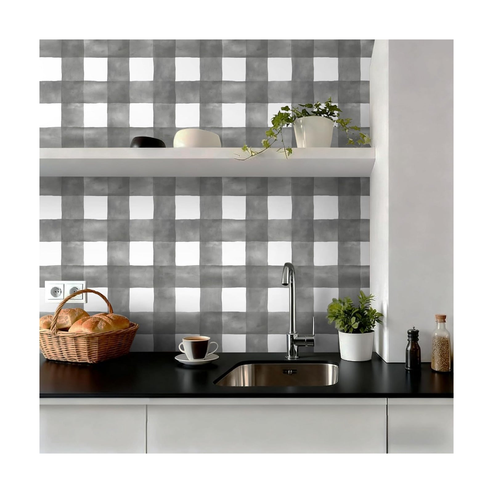 Grey Wallpaper Peel and Stick Plaid Modern Wall Paper Checkered / 17.3 x 78.7 / Grey and White