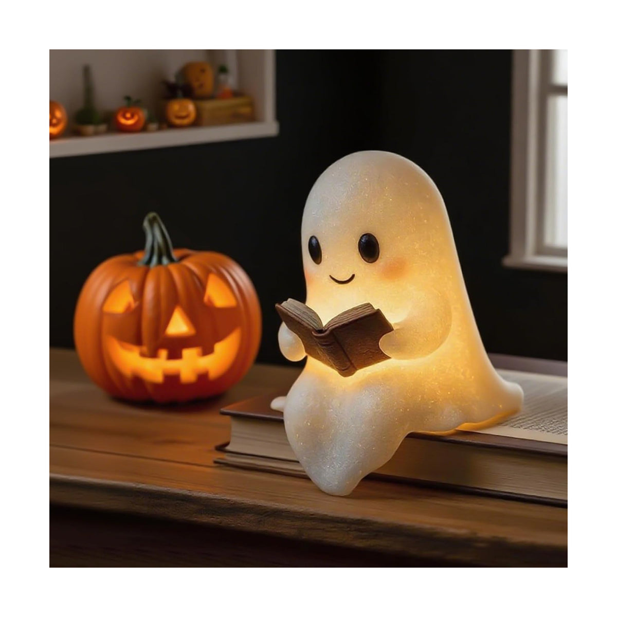 Halloween Ghost Figurine, Spooky & Cute Reading Ghost Statue for Bedroom, Desk, Party Decor, Book Lovers Gifts, Funny Light Up Ghost Halloween Decor Indoor (5 in)