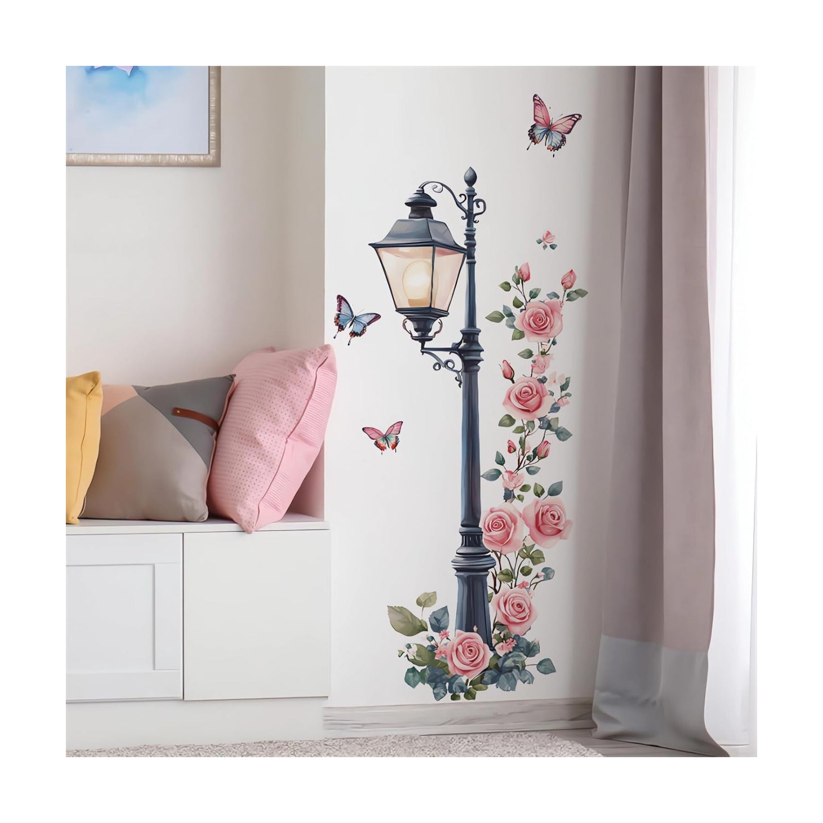 Vintage Street Lamp Rose Butterfly Wall Stickers / Pink