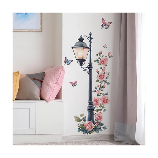 Vintage Street Lamp Rose Butterfly Wall Stickers / Pink