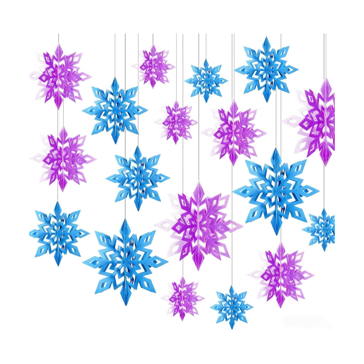 Whaline 18Pcs Christmas Hanging Decorations Purple Blue 3D Snowflake Paper Ornaments with String Large Snowflake Pendant Garlands for Xmas Winter Wonderland Party Home Ceiling