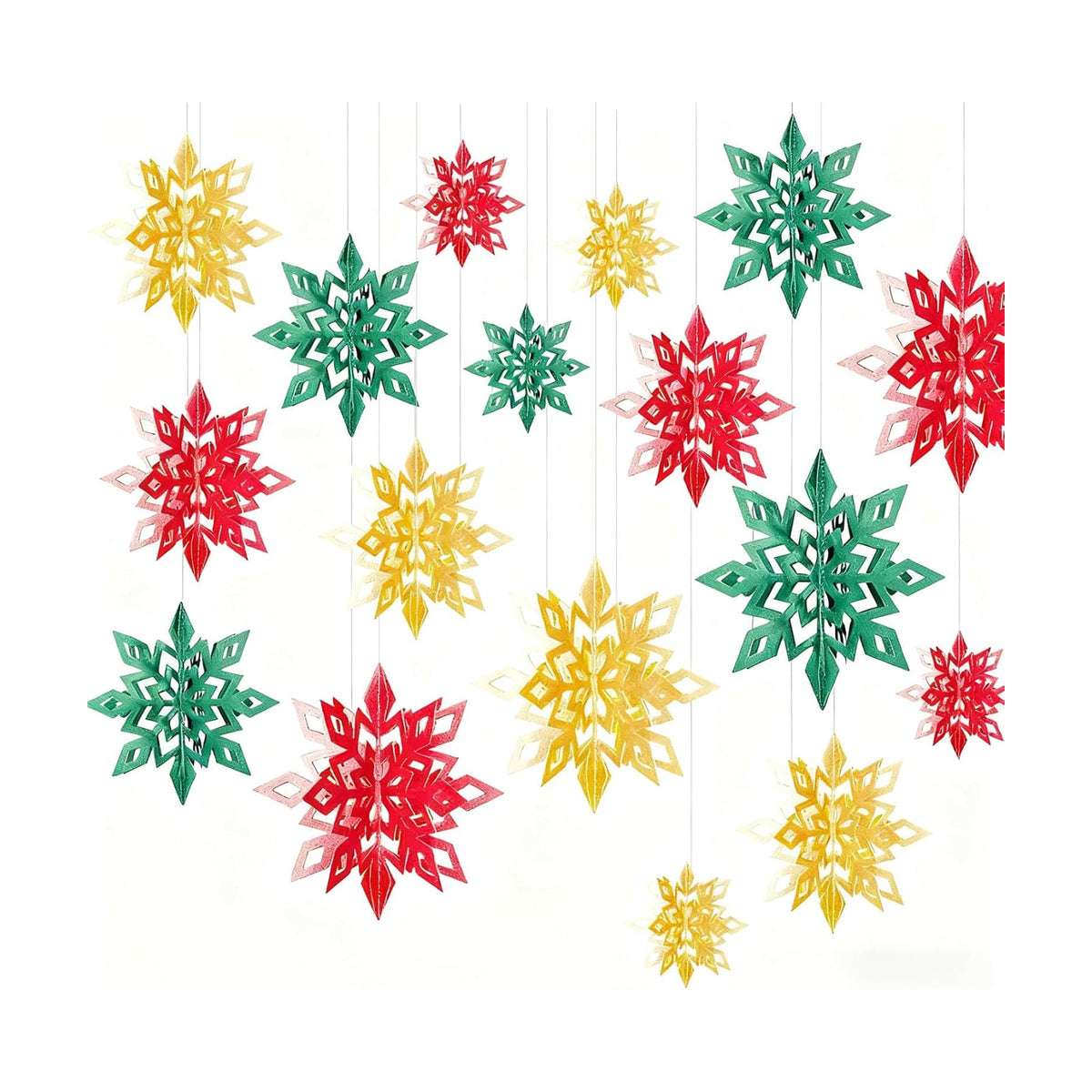 Whaline 18Pcs Christmas Hanging Decorations Red Green Gold 3D Snowflake Paper Ornaments with String Large Snowflake Pendant Garlands for Xmas Winter Wonderland Party Home Ceiling